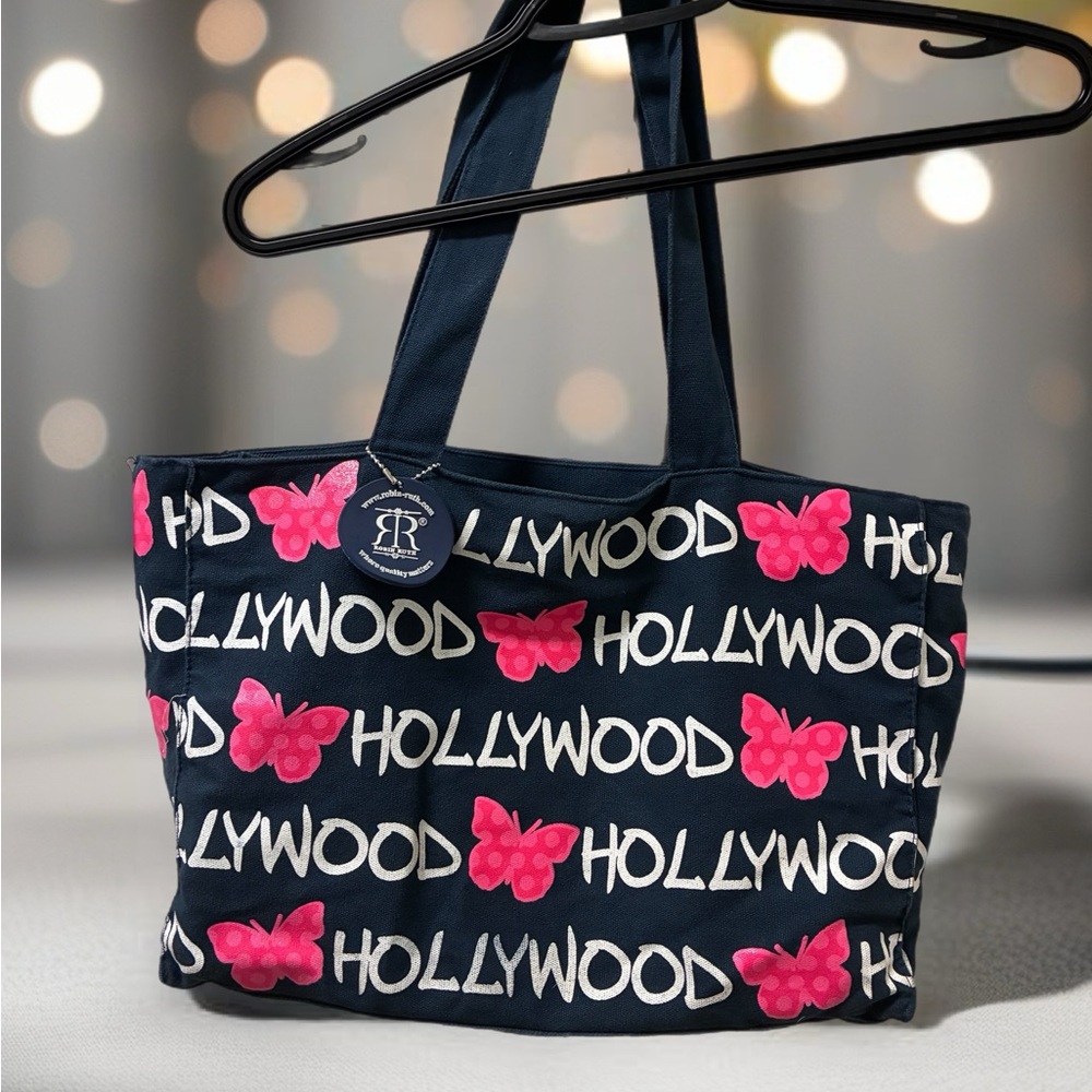 Robin Ruth Navy Tote with Pink Butterfly and White 'HOLLYWOOD' Print